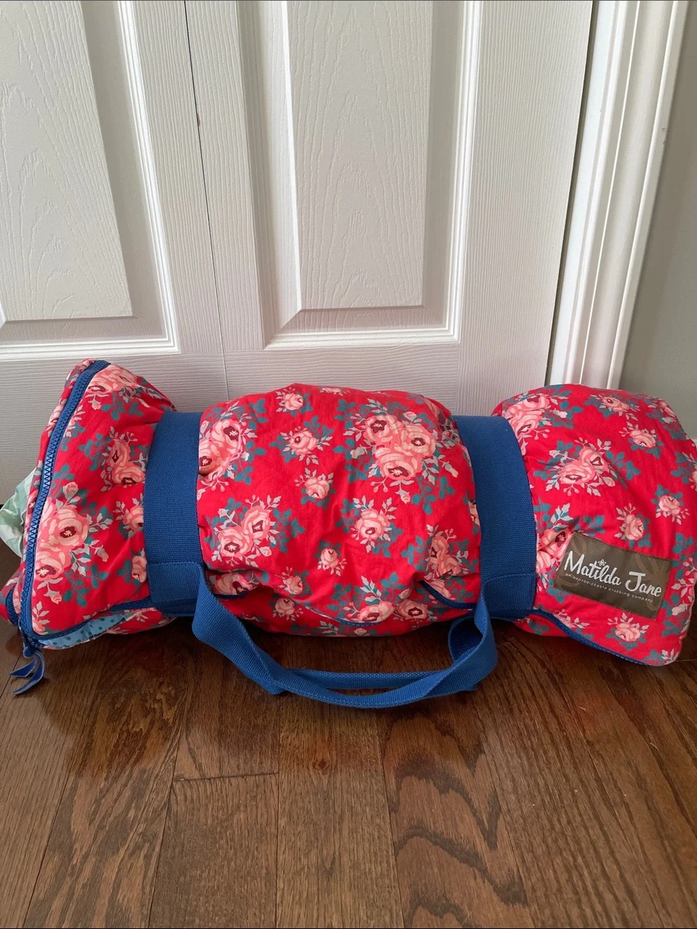 Matilda Jane Red Floral Quilted Travel sleeping bag with Blue Straps